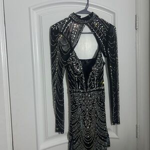 Windsor Black Embellished Long-Sleeve Evening Dress